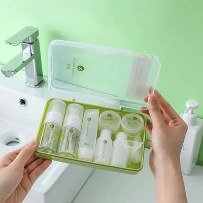 Portable 10PCS travel cosmetic bottle set in a transparent green case, ideal for skincare and toiletries. Compact and durable for easy packing.