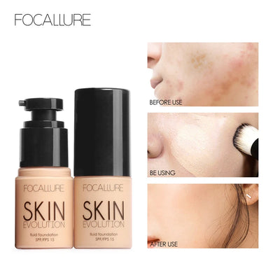 Focallure Skin Evolution liquid foundation with SPF 15, showing before and after application results on acne-prone skin.