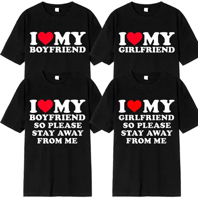 Set of four black T-shirts with 'I Love My Boyfriend' and 'I Love My Girlfriend' quotes. Casual summer tops, perfect gift for couples.