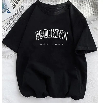 Women’s Brooklyn Letter Print T-Shirt in black with bold white graphic text. Casual Harajuku-style streetwear, perfect for trendy 2023 fashion.