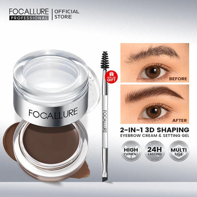 FOCALLURE 2-in-1 eyebrow pomade gel and wax with brush for shaping and setting. Waterproof, long-lasting formula enhances brows with high pigment.