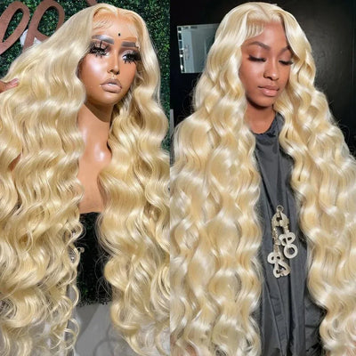 Blonde body wave lace front wig in 613 color, styled on a mannequin and worn by a model. HD transparent lace with pre-plucked hairline for a natural look.