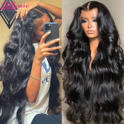 Silkwave 30-40 inch body wave lace front wig with HD lace, pre-plucked hairline, and natural black color. 100% human hair for a flawless look.