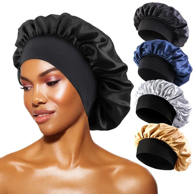 Black satin sleeping cap with wide elastic band for natural hair protection. Stylish and comfortable for nighttime wear.